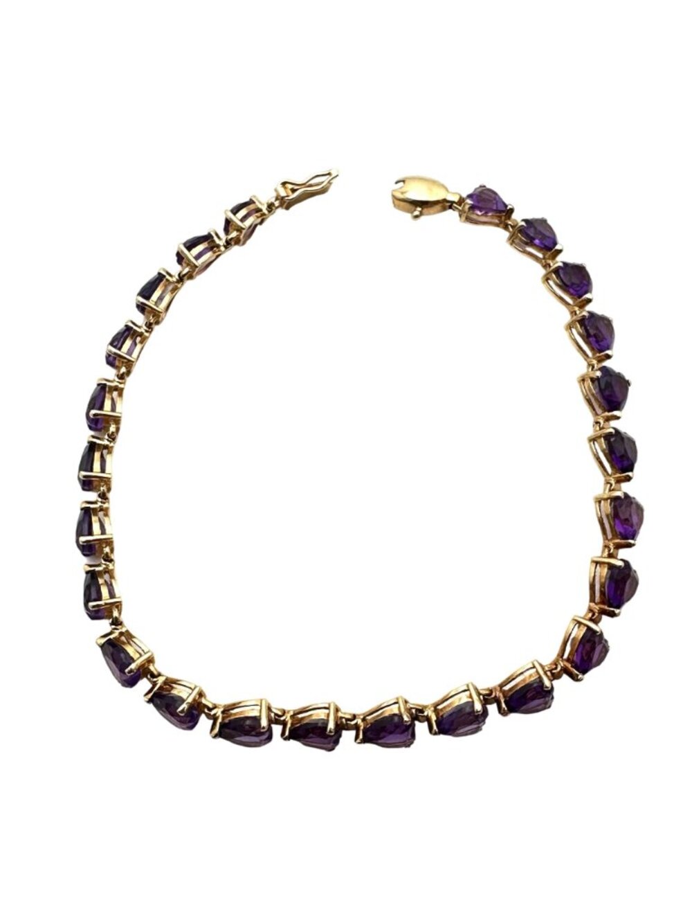 14K Gold Purple Amethyst Braceket Heart Stones Tennis Style 6.5 inch - Picture 5 of 7